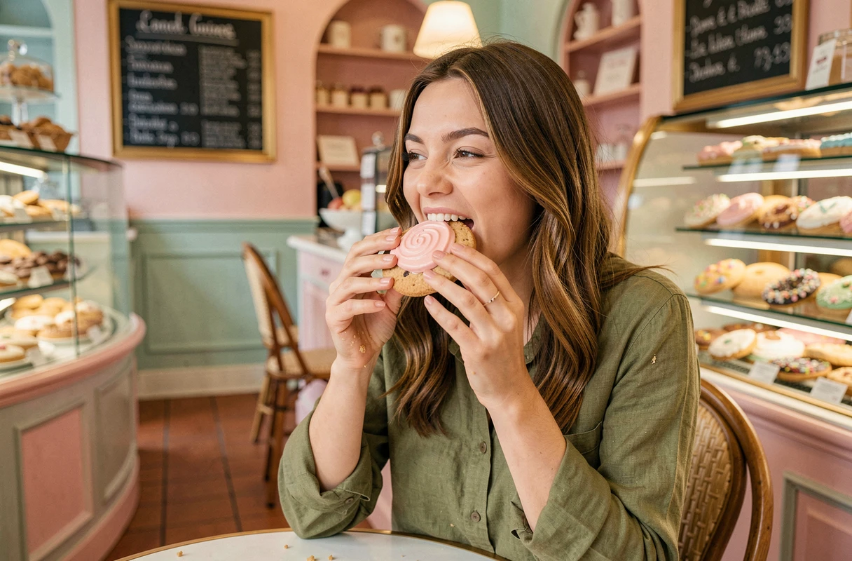 Jeune femme dégustant un grand cookie glacé dans une boutique de cookies parisienne, ambiance chaleureuse et gourmande