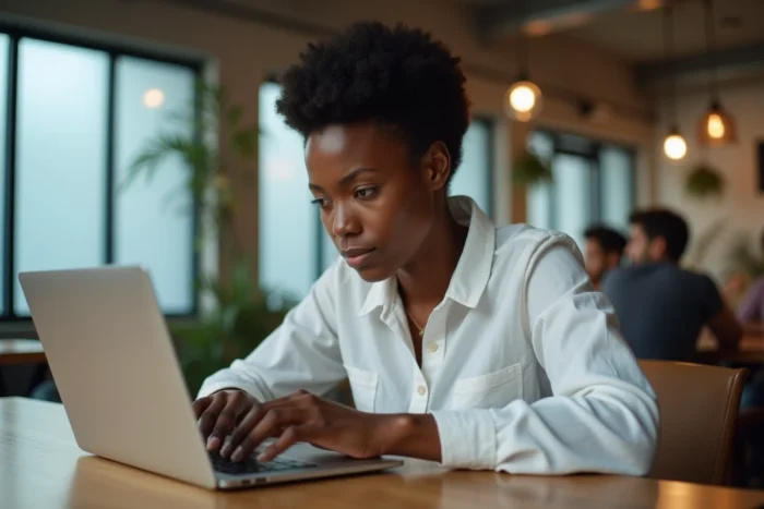 Femme développeuse dans un café coworking analysant un script d'automatisation sur son ordinateur portable