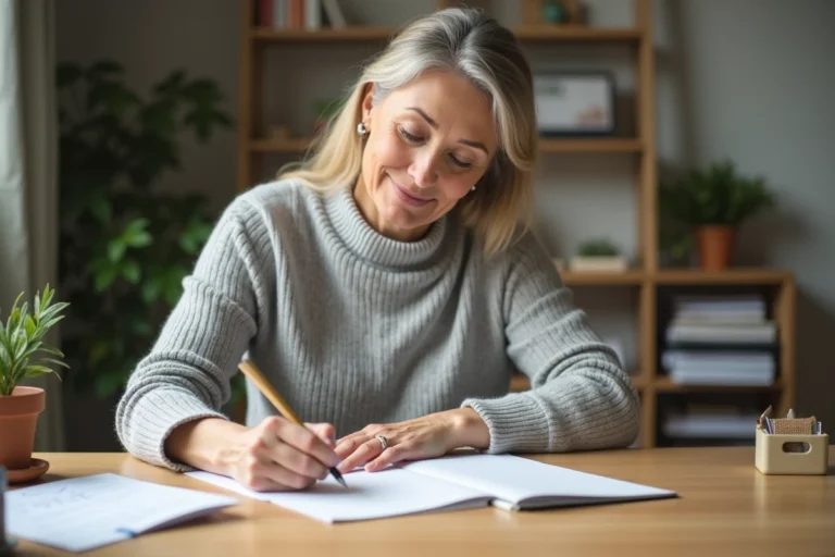 Femme écrivant une adresse sur une enveloppe blanche avec la mention Mr et Mme, assise à un bureau en bois dans un bureau à domicile