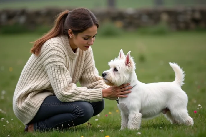 Femme adulte caressant son Westie dans une prairie verdoyante à la campagne, moment de complicité entre la chienne et sa maîtresse