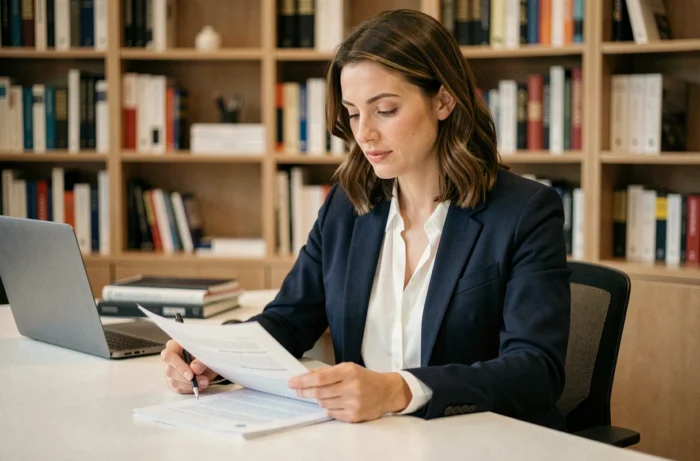 Femme professionnelle suivant une formation administrative à son bureau, prenant des notes et consultant des documents de cours