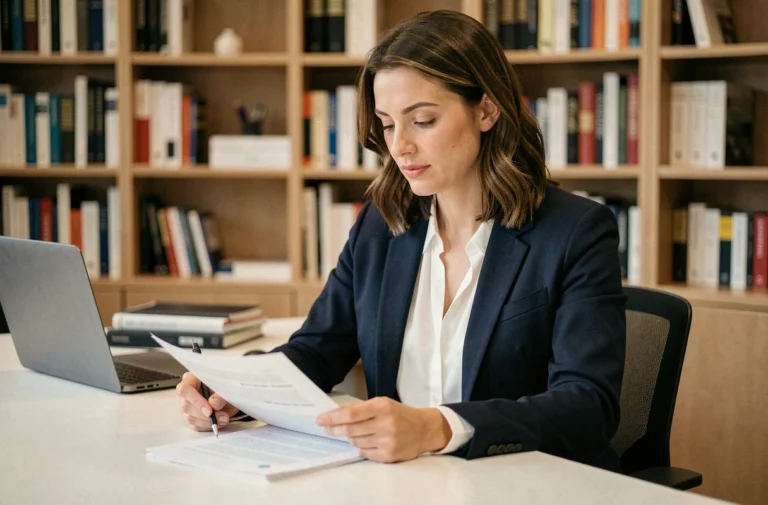 Femme professionnelle suivant une formation administrative à son bureau, prenant des notes et consultant des documents de cours