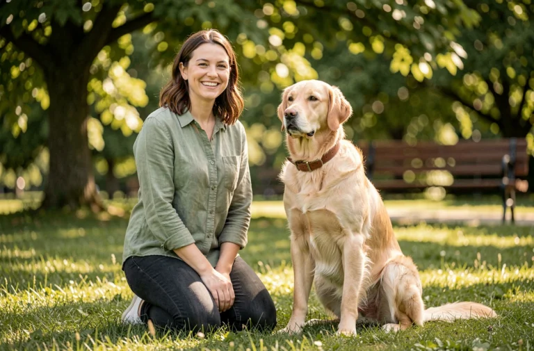Femme souriante avec son golden retriever dans un parc, guide pratique pour propriétaires de chiens