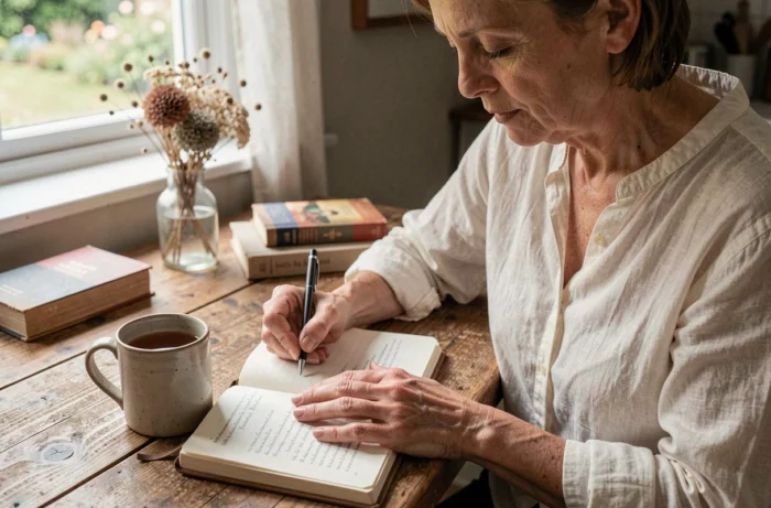 Femme écrivant dans un journal intime à la maison dans une démarche de recherche de sens personnel