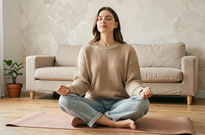 Femme pratiquant la méditation chez elle sur un tapis de yoga pour gérer le stress et soutenir un mode de vie sain et minceur