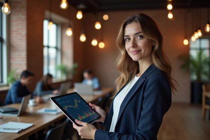 Femme tenant une tablette affichant un graphique comparatif entre Bitcoin et Ripple XRP dans un espace de co-working moderne