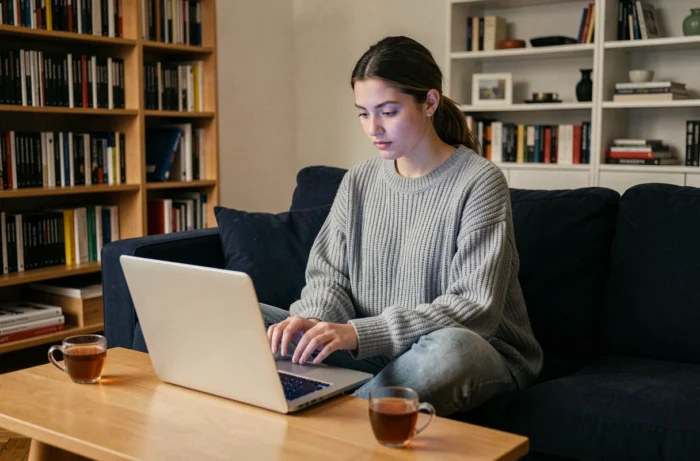 Jeune femme naviguant sur un site de téléchargement de films sur son ordinateur portable dans un salon moderne