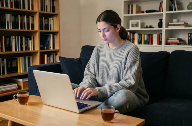 Jeune femme naviguant sur un site de téléchargement de films sur son ordinateur portable dans un salon moderne