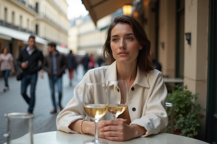 Femme en terrasse de café avec deux verres de vin blanc représentant une consommation d'alcool et son effet sur l'alcoolémie