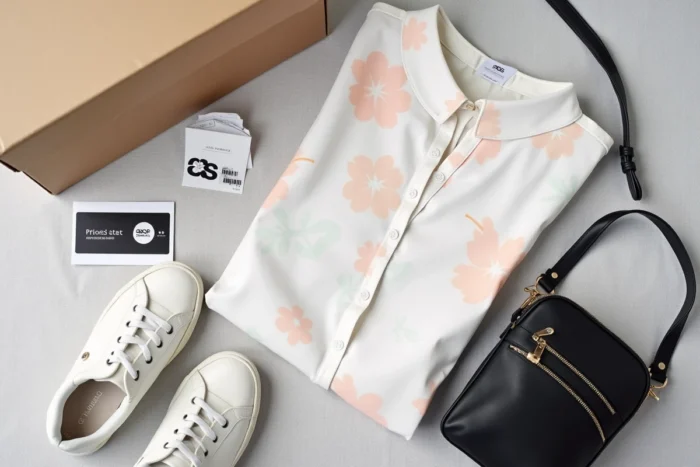 Flat lay de vêtements et accessoires ASOS Premier déballés avec emballage et carte de retour
