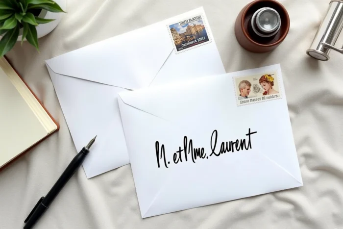 Vue de dessus d'enveloppes avec des adresses manuscrites et imprimées à Mr et Mme, posées sur une surface en lin avec un stylo plume
