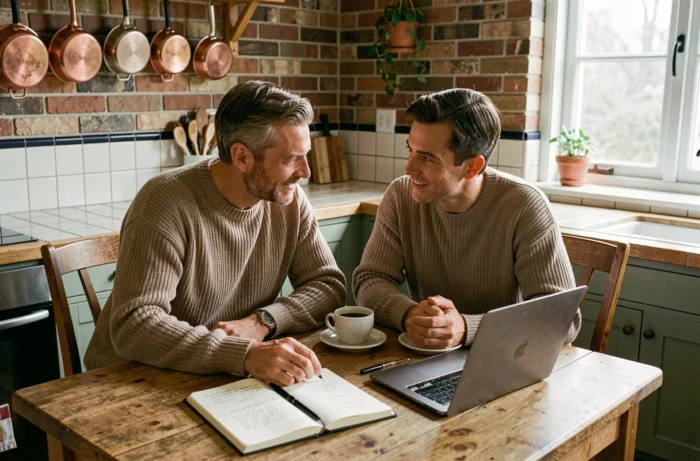 Couple discutant de la gestion du budget familial ensemble autour d'un ordinateur portable dans une cuisine chaleureuse