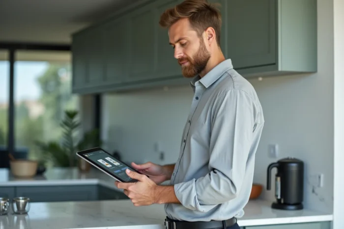 Homme consultant ses contrats en ligne via une interface sécurisée sur tablette dans une cuisine moderne