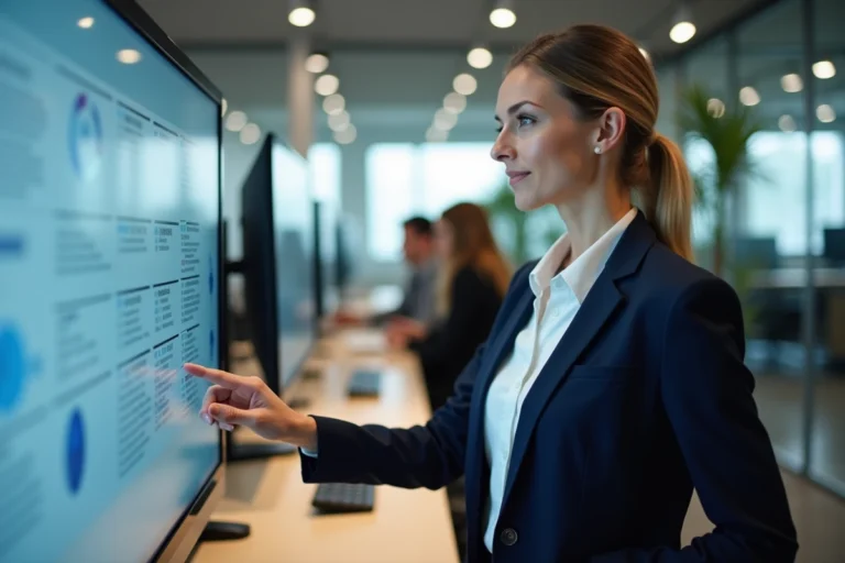 Professionnelle en blazer marine consultant des documents numériques sur écran tactile dans un bureau moderne, illustrant la gestion documentaire innovante en entreprise
