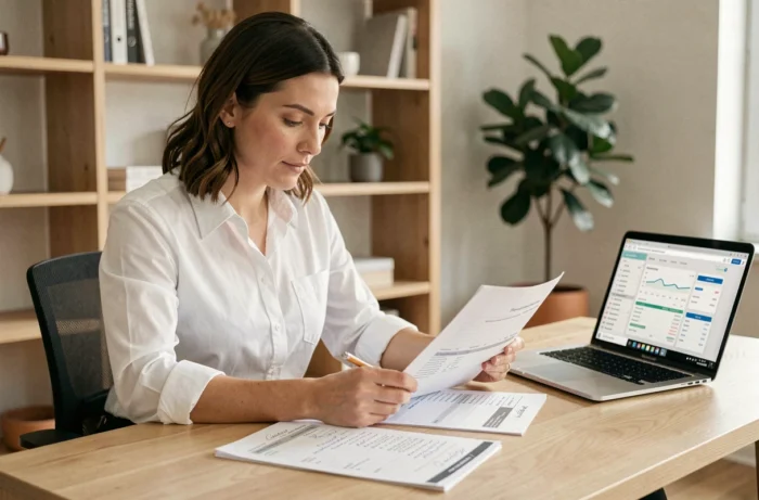 Femme concentrée gérant ses finances personnelles à un bureau en bois avec des feuilles de calcul et un ordinateur portable