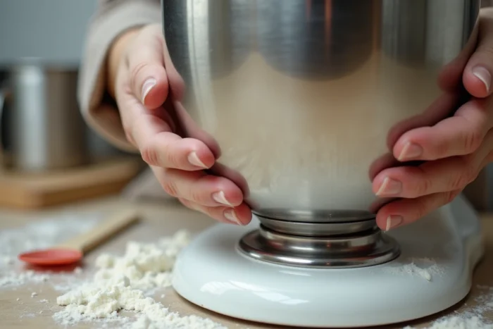 Gros plan sur les mains tenant un bol en inox coincé sur un robot KitchenAid, mécanisme de verrouillage visible