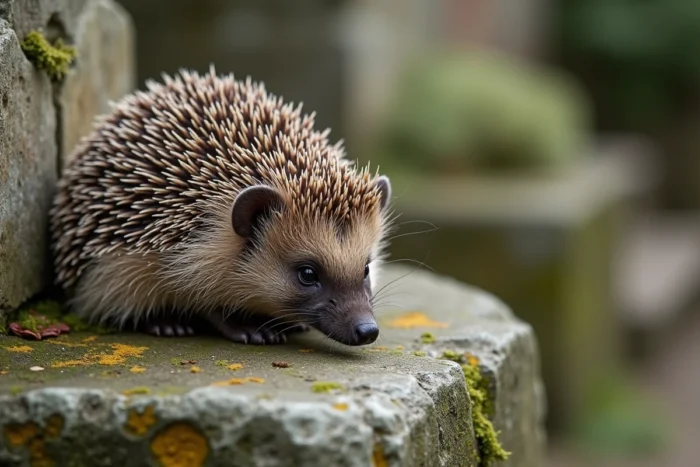 Hérisson partiellement déroulé sur un vieux mur en pierre recouvert de lichens, épines hérissées en posture défensive intermédiaire face au danger
