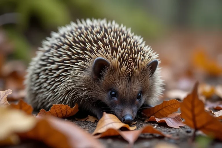 Hérisson européen roulé en boule défensive sur un lit de feuilles mortes en forêt, épines dressées en position de danger