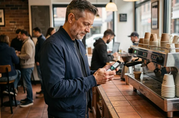 Homme lisant les actualités numériques sur smartphone dans un café urbain animé