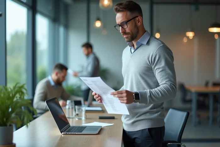 Homme adulte consultant son CV imprimé et son ordinateur pour optimiser son profil sur un site de recrutement