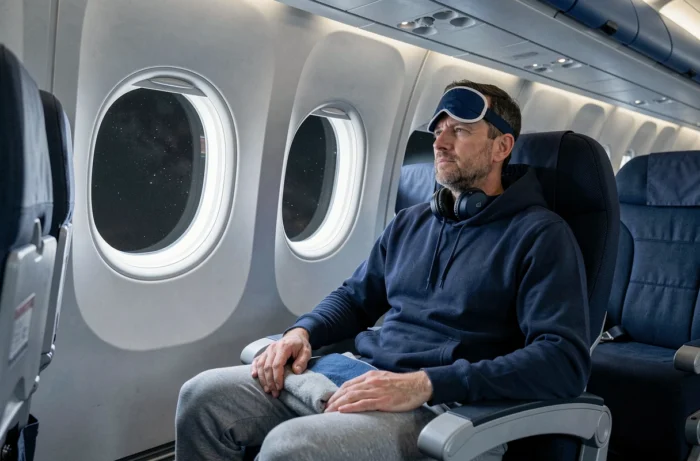 Homme fatigué dans un avion de nuit avec masque de sommeil, conseils contre le décalage horaire en voyage longue distance
