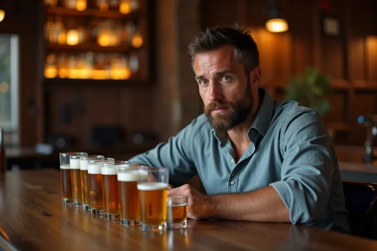 Homme au comptoir d'un bar face à plusieurs verres d'alcool illustrant la consommation menant à 2 grammes d'alcool dans le sang