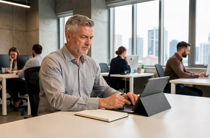 Homme d'affaires analysant des avis clients sur une tablette dans un bureau moderne
