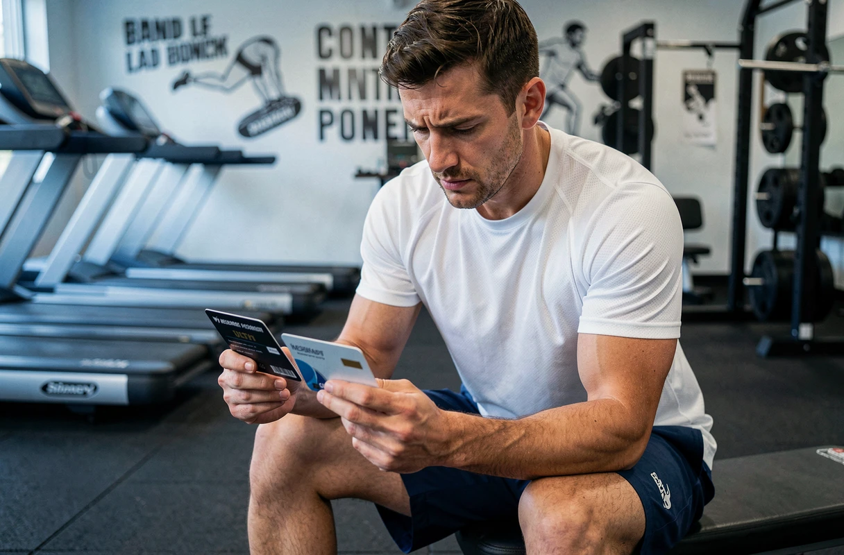 Homme comparant deux cartes d'abonnement Basic Fit annuel et premium dans une salle de fitness