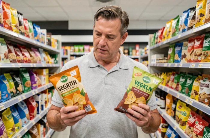 Homme comparant deux paquets de chips saines en rayon de supermarché dans le rayon alimentation bio