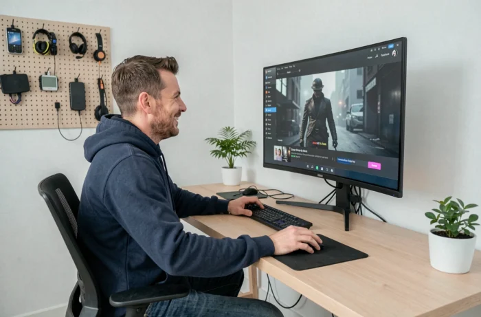 Homme regardant un film téléchargé sur un grand écran dans un bureau à domicile moderne