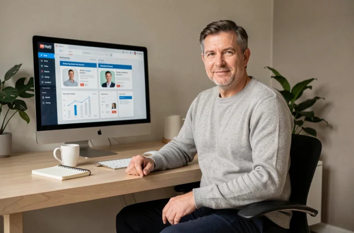 Homme suivant une formation administrative en ligne depuis son bureau à domicile sur un écran d'ordinateur