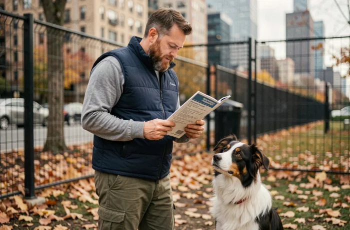 Homme consultant un guide de dressage canin avec son border collie dans un parc urbain