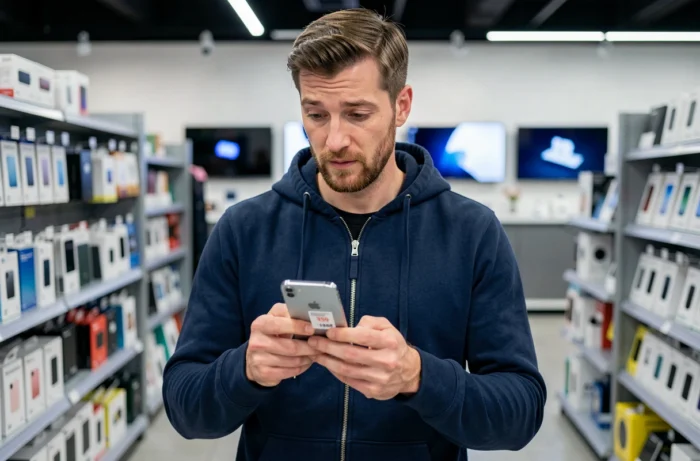 Homme examinant un iPhone SE en magasin avec son étiquette de prix, à la recherche d'un smartphone Apple à petit budget