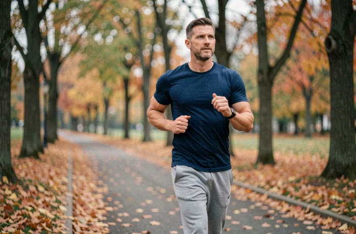 Homme qui fait du jogging dans un parc en automne pour maintenir une activité physique régulière et favoriser la minceur