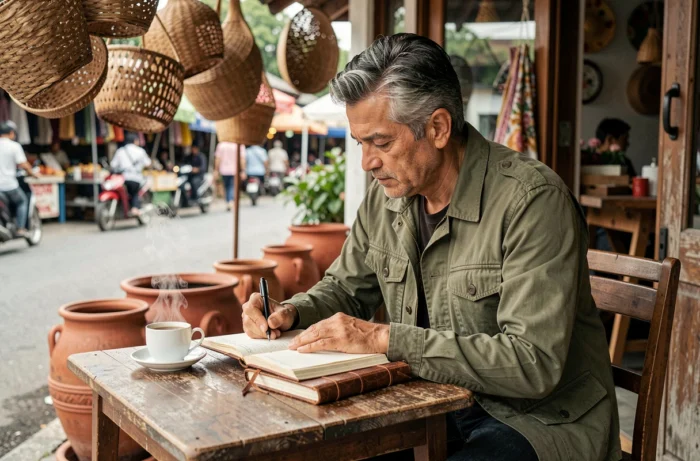 Homme d'âge mûr écrivant dans un journal de voyage à la terrasse d'un café en Asie du Sud-Est