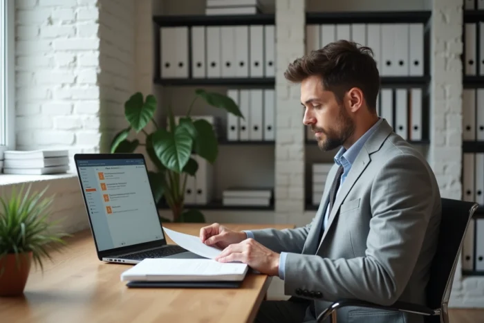 Homme d'affaires organisant des dossiers physiques et numériques sur un bureau minimaliste en bois, illustrant l'optimisation de la performance grâce à une gestion documentaire efficace