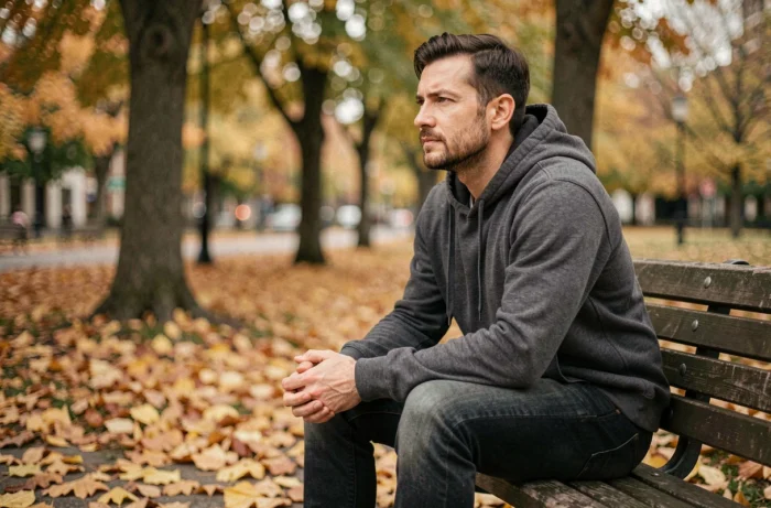 Homme pensif assis sur un banc de parc en automne, méditant sur le sens de sa vie