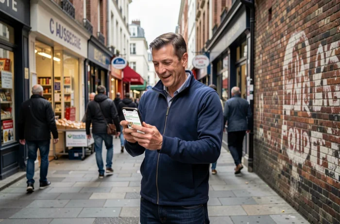 Homme consultant les nouveautés d'un site d'annonces en ligne depuis son smartphone en ville