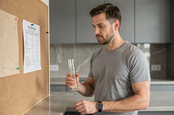 Homme consultant un tableau de conversion cl en grammes dans une cuisine moderne tout en tenant un récipient gradué