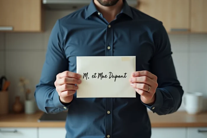 Homme tenant une enveloppe adressée à Mr et Mme avec une écriture lisible, debout dans une cuisine moderne