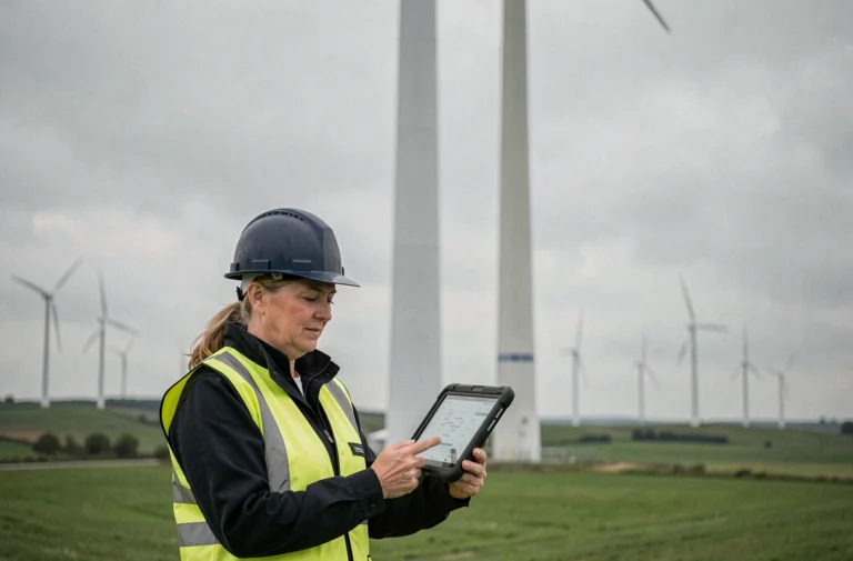 Ingénieure inspectant une éolienne moderne dans un parc éolien français, illustrant les innovations dans le secteur des énergies renouvelables en France