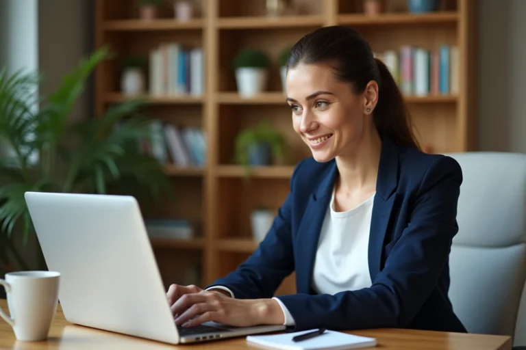 Femme adulte en train de créer son profil professionnel sur un ordinateur portable pour s'inscrire sur une plateforme d'emploi