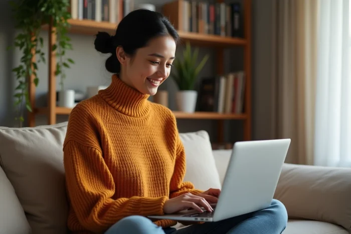 Jeune entrepreneuse consultant une plateforme d'aide à la création d'entreprise depuis son domicile