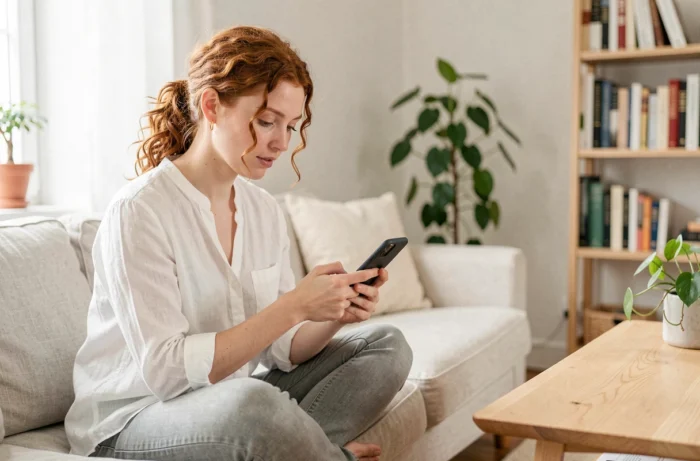 Jeune femme rédigeant un avis utilisateur sur smartphone dans un salon scandinave