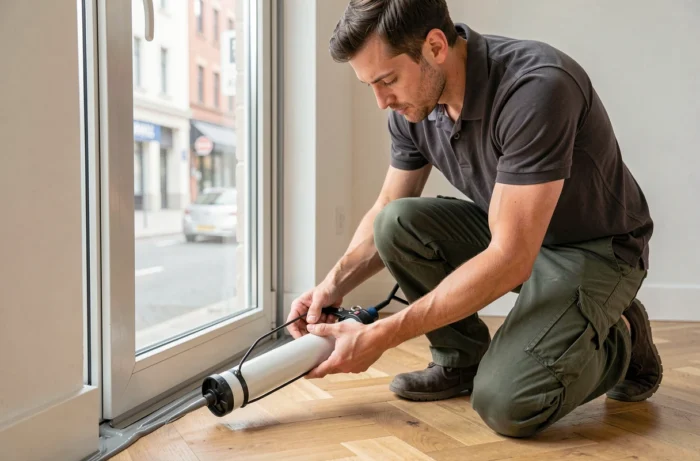 Technicien appliquant un joint d'étanchéité sur le cadre d'une fenêtre aluminium installée dans un appartement moderne