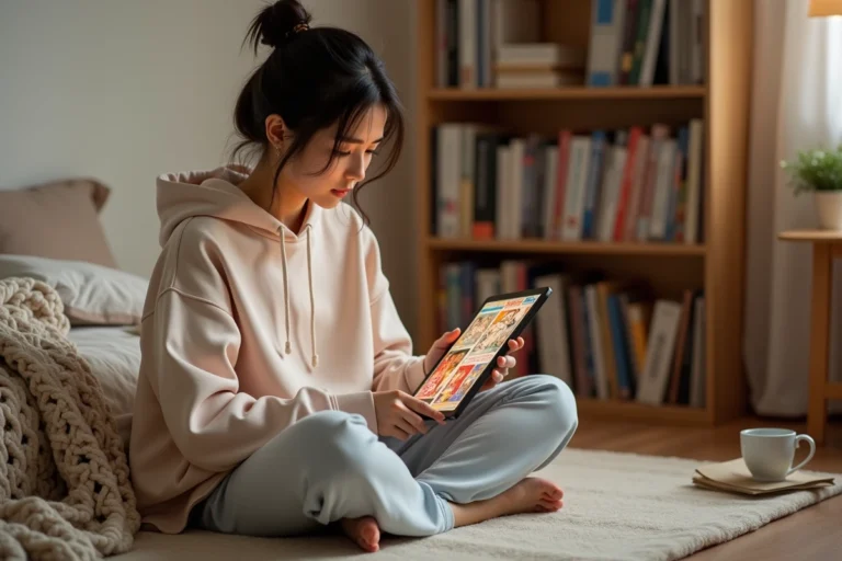 Jeune femme lisant des scans de manga yaoi en VF sur une tablette dans une chambre cosy entourée de livres