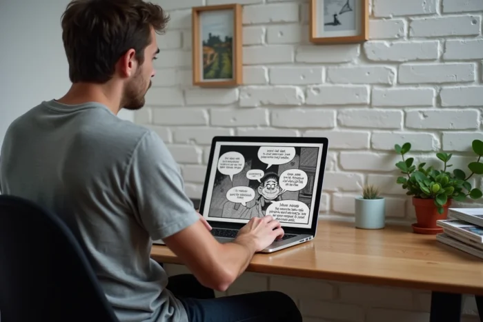 Homme adulte lisant des scans de yaoi en version française sur un ordinateur portable dans un bureau minimaliste