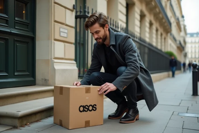 Homme récupérant un colis ASOS Premier devant un immeuble parisien de style haussmannien