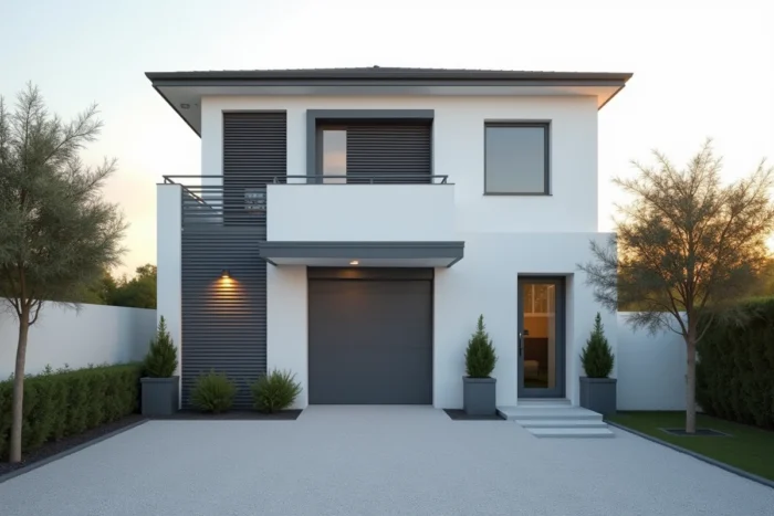 Maison rénovée avec façade blanche, volets gris anthracite et porte d'entrée anthracite élégante
