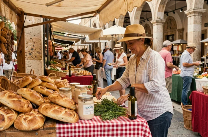 Étalage de spécialités culinaires monégasques authentiques au marché de la Condamine à Monaco